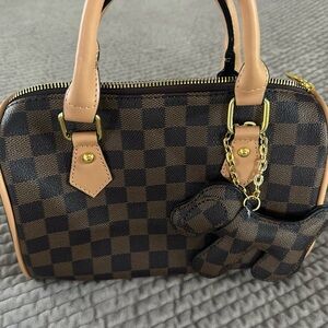 Checkered Brown Handbag with Tan Accents